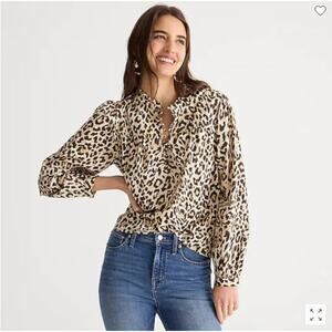 J.Crew Button Front Ruffleneck Popover Blouse Top Leopard Print Cotton Small